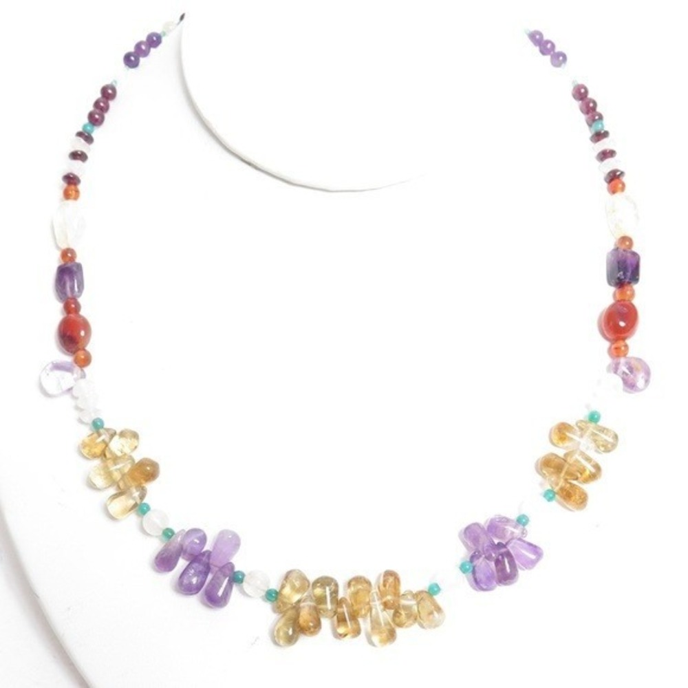 MULTICOLOR GEMSTONE BEAD NECKLACE AMETHYST CITRINE CARNELIAN 16 INCH BOHO STYLE